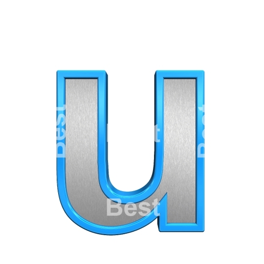 One lower case letter from brushed silver with blue frame alphabet set, isolated on white. 