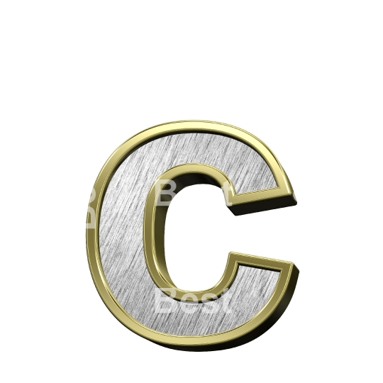One lower case letter from brushed silver with gold frame alphabet set, isolated on white