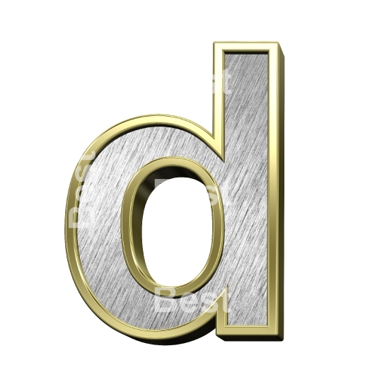 One lower case letter from brushed silver with gold frame alphabet set, isolated on white