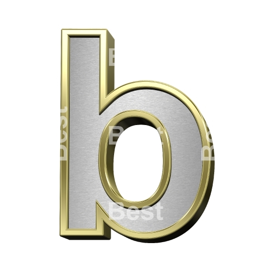 One lower case letter from brushed silver with shiny gold frame alphabet set, isolated on white.