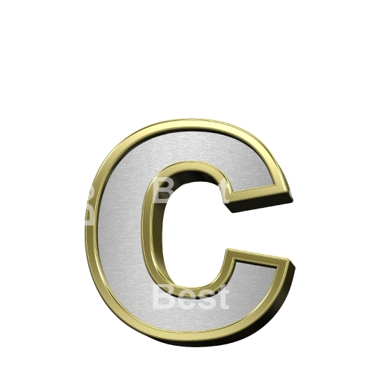 One lower case letter from brushed silver with shiny gold frame alphabet set, isolated on white.