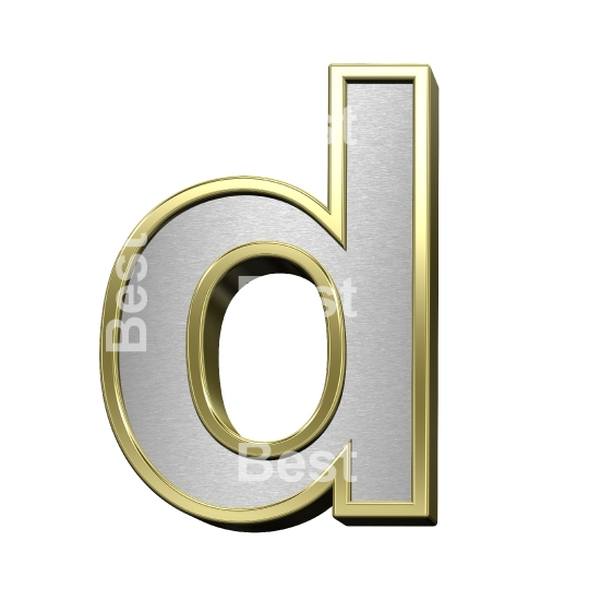 One lower case letter from brushed silver with shiny gold frame alphabet set, isolated on white.