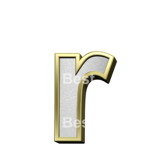 One lower case letter from brushed silver with shiny gold frame alphabet set, isolated on white.