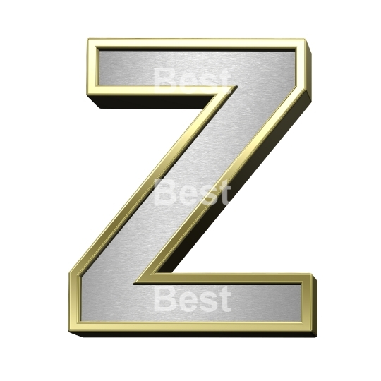 One lower case letter from brushed silver with shiny gold frame alphabet set, isolated on white.