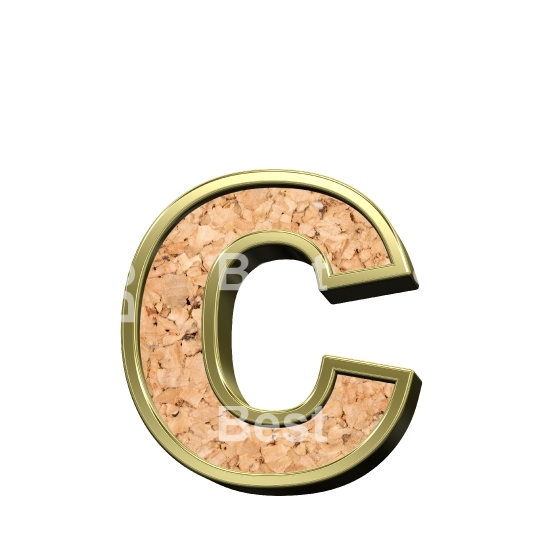One lower case letter from cork with gold shiny frame alphabet set, isolated on white. 