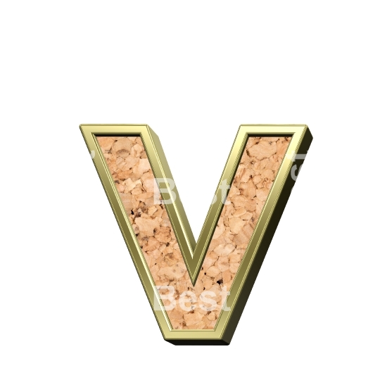 One lower case letter from cork with gold shiny frame alphabet set, isolated on white. 