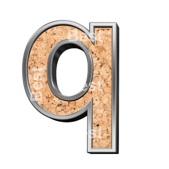One lower case letter from cork with silver shiny frame alphabet set, isolated on white. 
