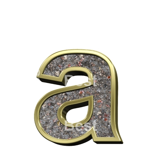 One lower case letter from corroded steel with gold frame alphabet set, isolated on white.