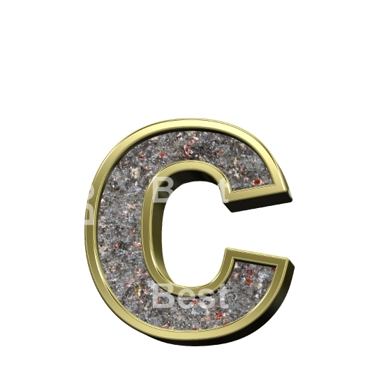 One lower case letter from corroded steel with gold frame alphabet set, isolated on white.