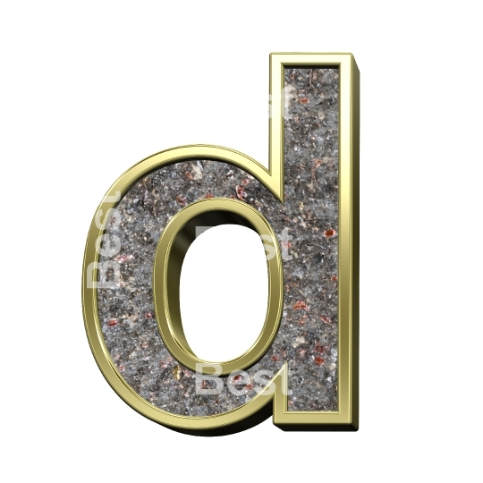 One lower case letter from corroded steel with gold frame alphabet set, isolated on white.