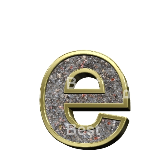 One lower case letter from corroded steel with gold frame alphabet set, isolated on white.