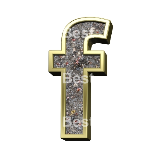 One lower case letter from corroded steel with gold frame alphabet set, isolated on white.