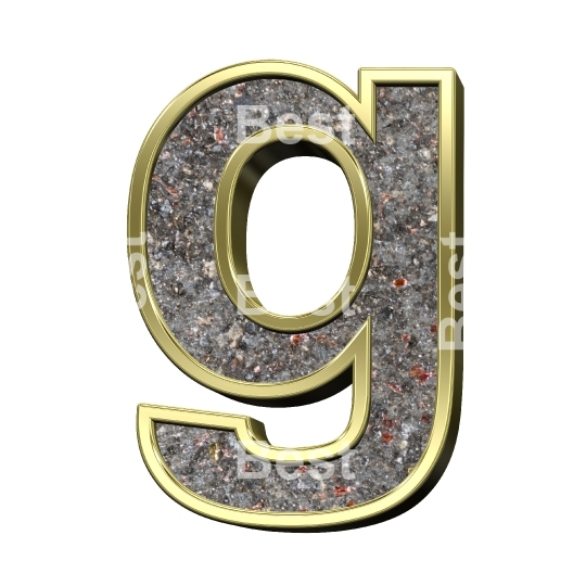 One lower case letter from corroded steel with gold frame alphabet set, isolated on white.