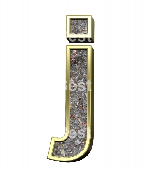 One lower case letter from corroded steel with gold frame alphabet set, isolated on white.