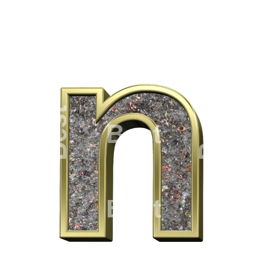 One lower case letter from corroded steel with gold frame alphabet set, isolated on white.