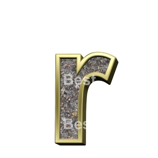 One lower case letter from corroded steel with gold frame alphabet set, isolated on white.