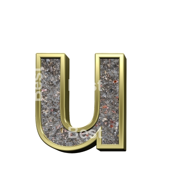 One lower case letter from corroded steel with gold frame alphabet set, isolated on white.