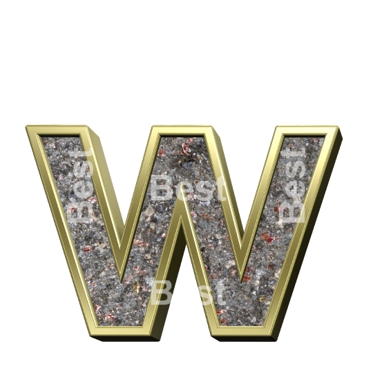 One lower case letter from corroded steel with gold frame alphabet set, isolated on white.