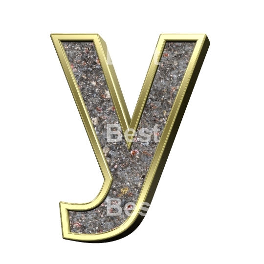 One lower case letter from corroded steel with gold frame alphabet set, isolated on white.