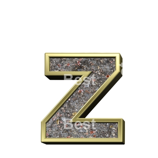 One lower case letter from corroded steel with gold frame alphabet set, isolated on white.