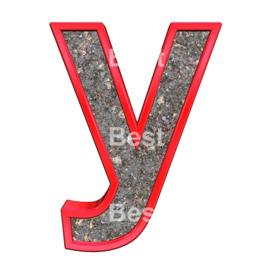 One lower case letter from corroded steel with red frame alphabet set, isolated on white.