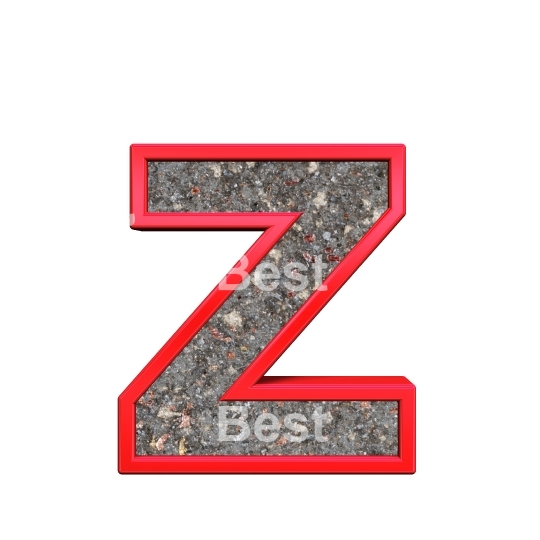 One lower case letter from corroded steel with red frame alphabet set, isolated on white.