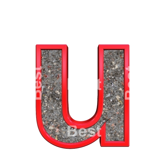 One lower case letter from corroded steel with red frame alphabet set, isolated on white.