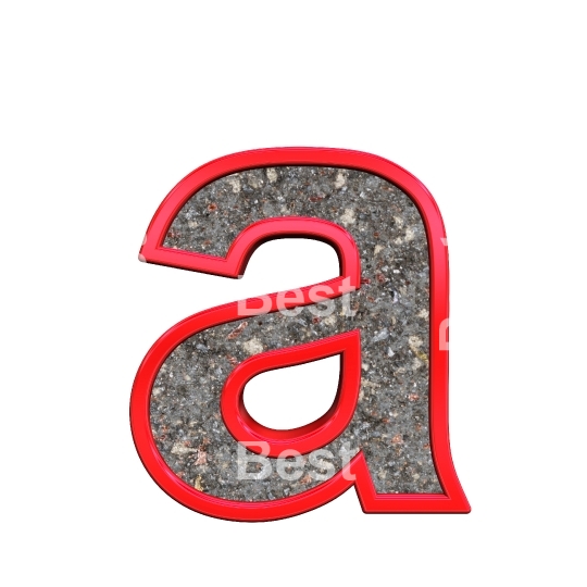 One lower case letter from corroded steel with red frame alphabet set, isolated on white.