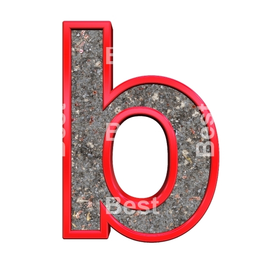One lower case letter from corroded steel with red frame alphabet set, isolated on white.