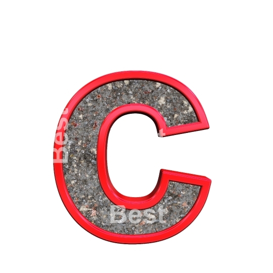One lower case letter from corroded steel with red frame alphabet set, isolated on white.