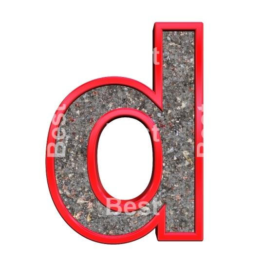 One lower case letter from corroded steel with red frame alphabet set, isolated on white.