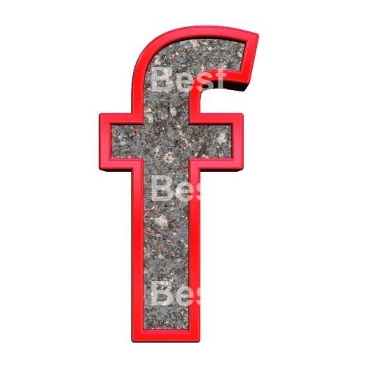 One lower case letter from corroded steel with red frame alphabet set, isolated on white.