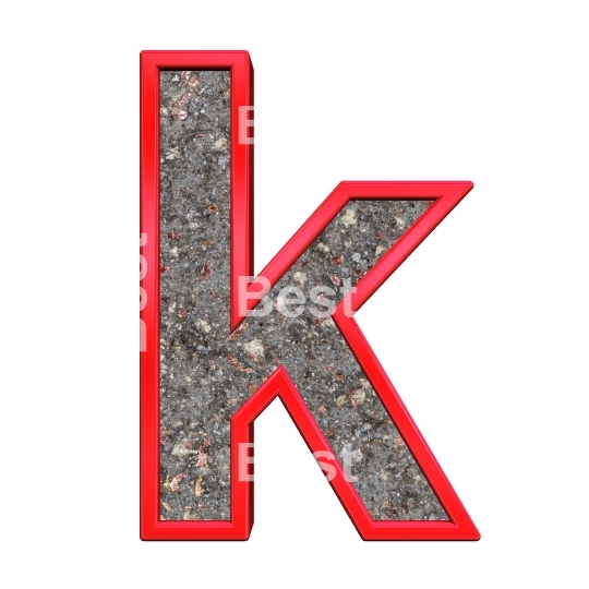 One lower case letter from corroded steel with red frame alphabet set, isolated on white.