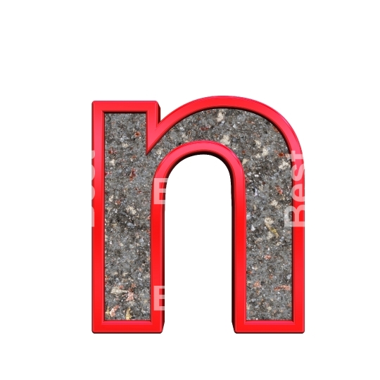 One lower case letter from corroded steel with red frame alphabet set, isolated on white.