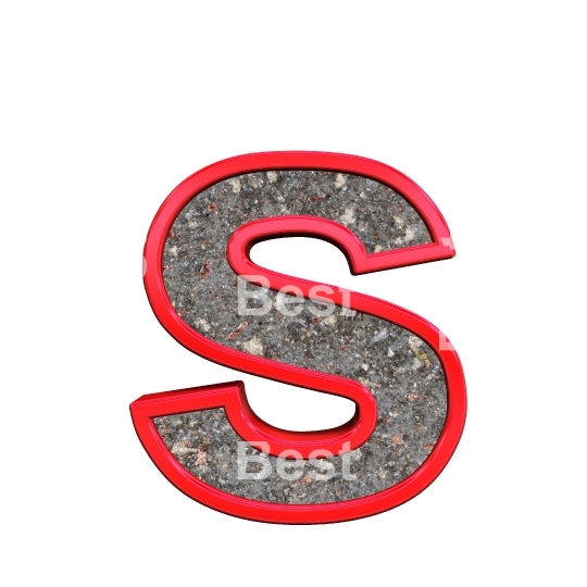 One lower case letter from corroded steel with red frame alphabet set, isolated on white.