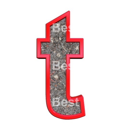 One lower case letter from corroded steel with red frame alphabet set, isolated on white.