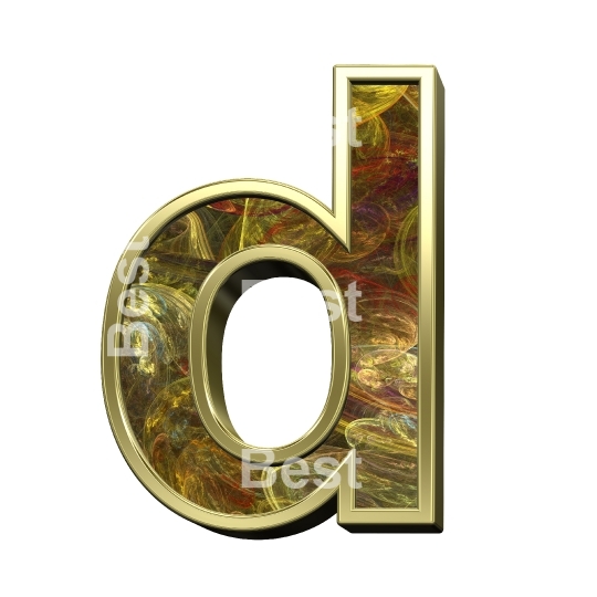 One lower case letter from fractal with shiny gold frame alphabet set, isolated on white.