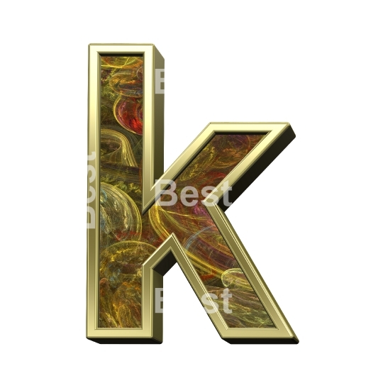 One lower case letter from fractal with shiny gold frame alphabet set, isolated on white.