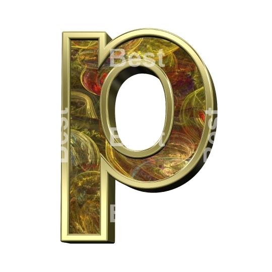 One lower case letter from fractal with shiny gold frame alphabet set, isolated on white.