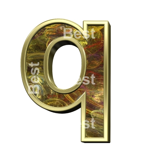 One lower case letter from fractal with shiny gold frame alphabet set, isolated on white.