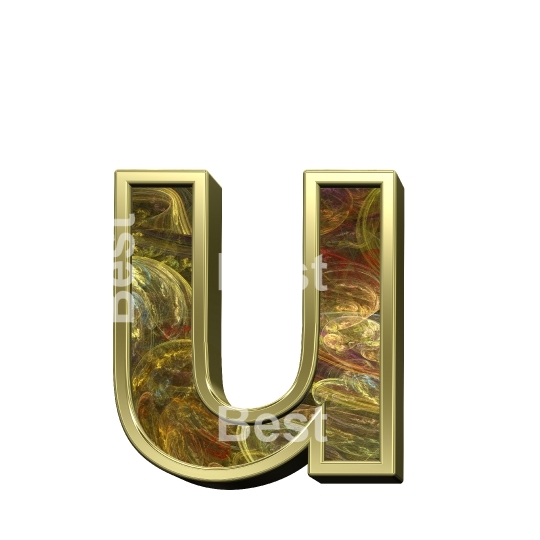 One lower case letter from fractal with shiny gold frame alphabet set, isolated on white.