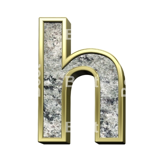 One lower case letter from granite with gold frame alphabet set isolated over white.