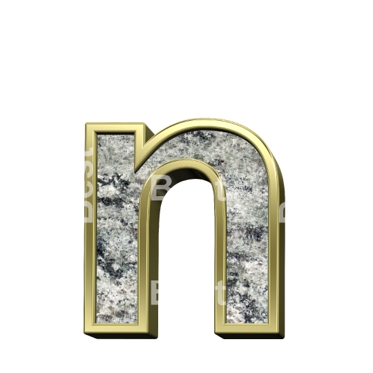 One lower case letter from granite with gold frame alphabet set isolated over white.