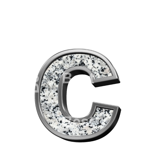 One lower case letter from granite with silver frame alphabet set isolated over white.