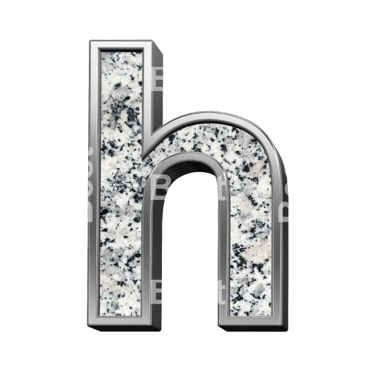 One lower case letter from granite with silver frame alphabet set isolated over white.
