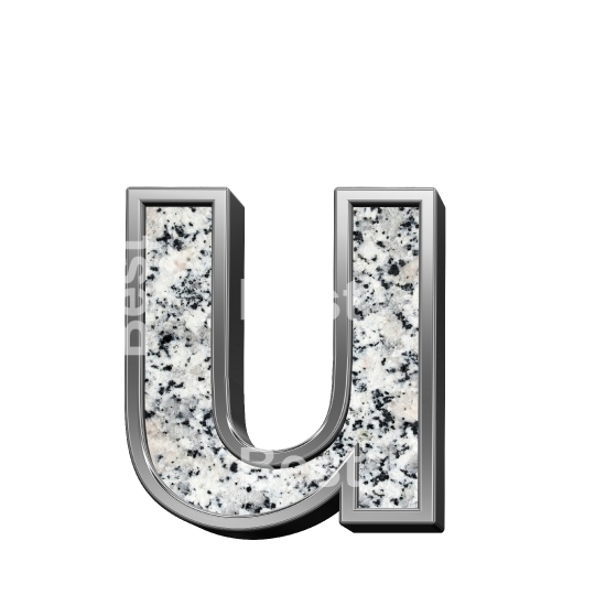 One lower case letter from granite with silver frame alphabet set isolated over white.