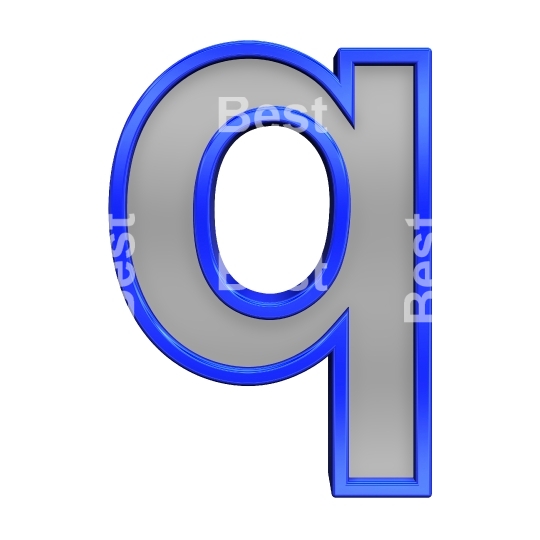 One lower case letter from gray glass with blue frame alphabet set, isolated on white. 