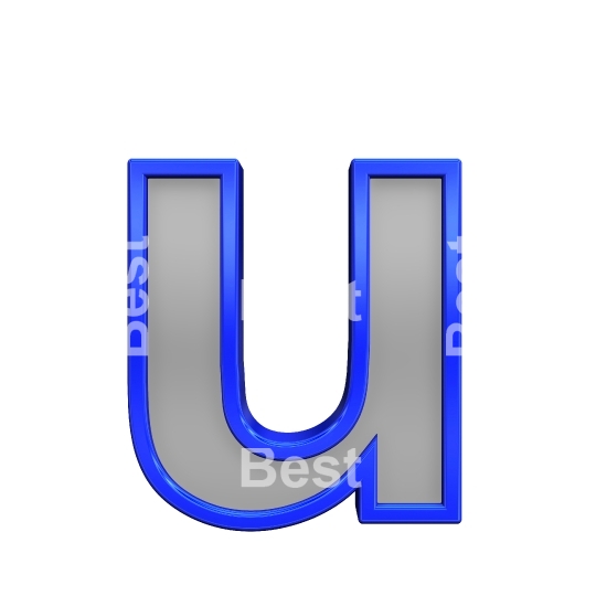 One lower case letter from gray glass with blue frame alphabet set, isolated on white. 