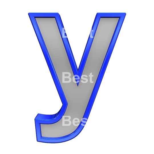 One lower case letter from gray glass with blue frame alphabet set, isolated on white. 