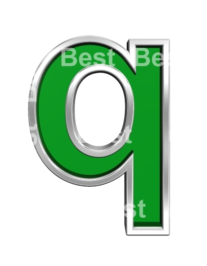 One lower case letter from green glass with chrome frame alphabet set, isolated on white.